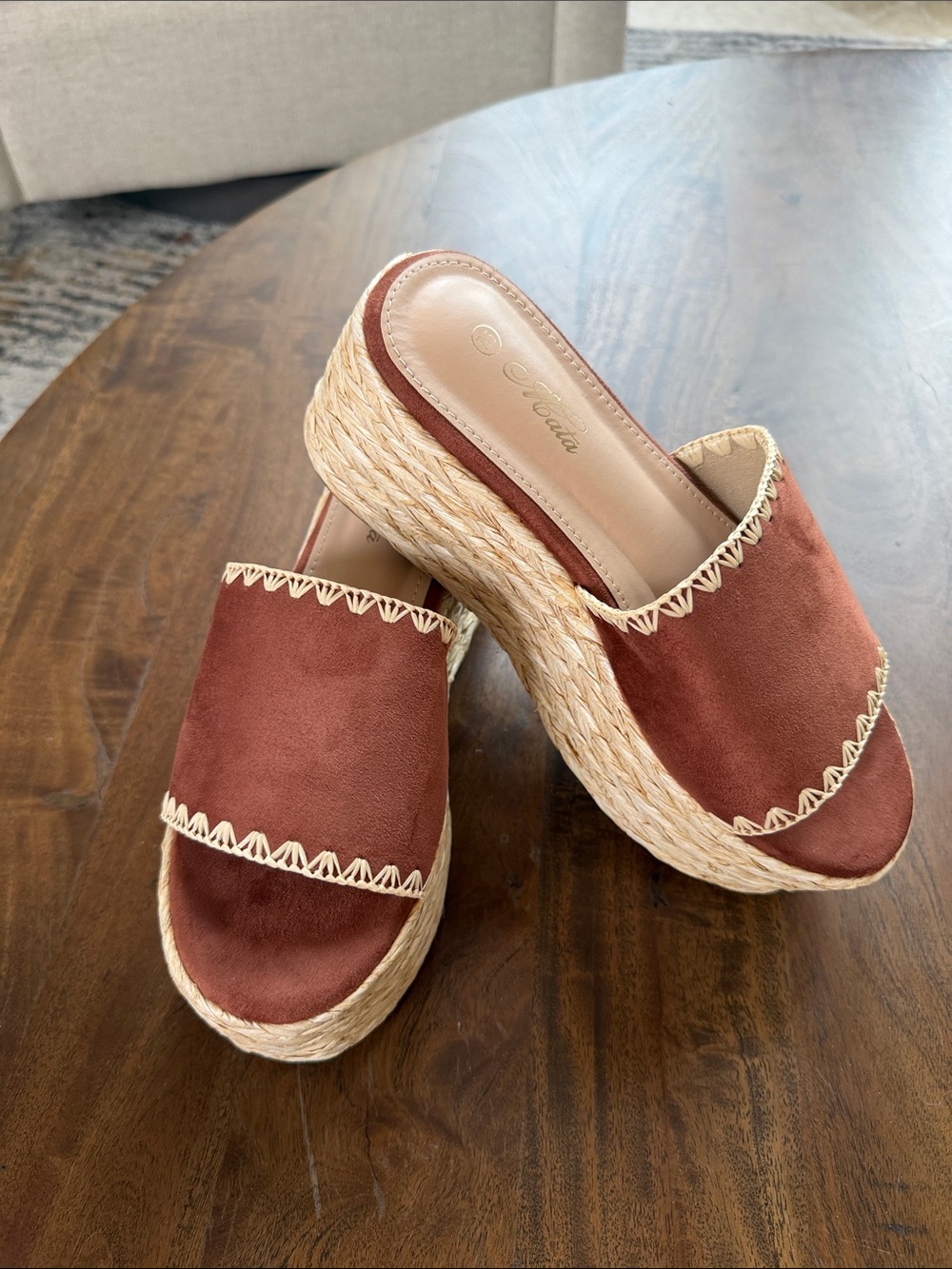 Mata Shoes Rust Suede Espadrille Platform Mules
